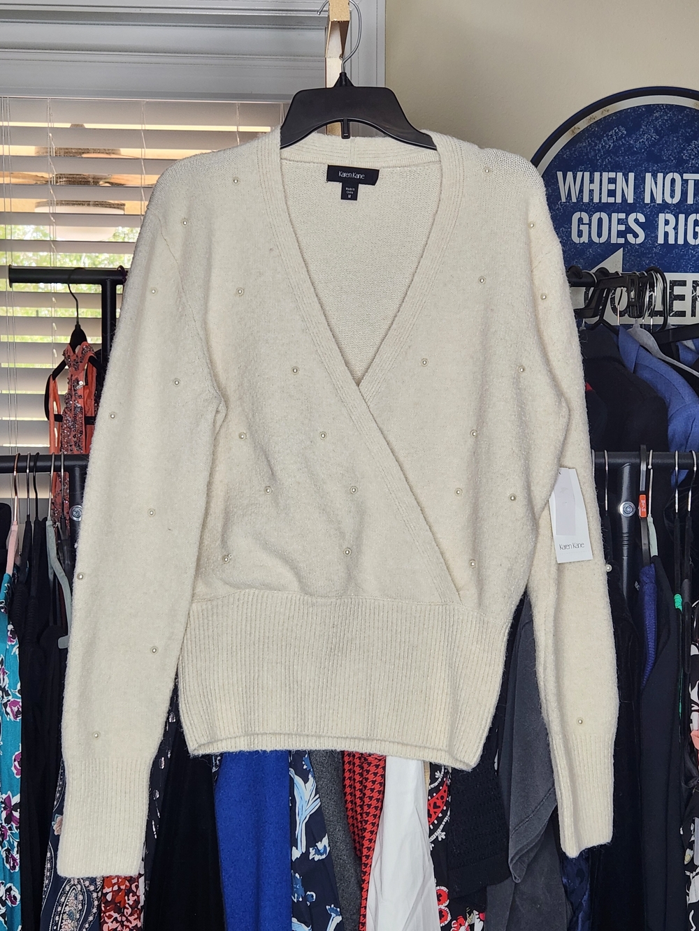 Karen Kane Cream V-Neck Pearl-Accent Sweater